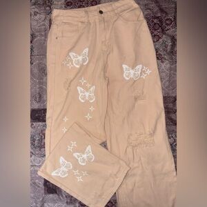 Beige Pants with White Butterfly Design